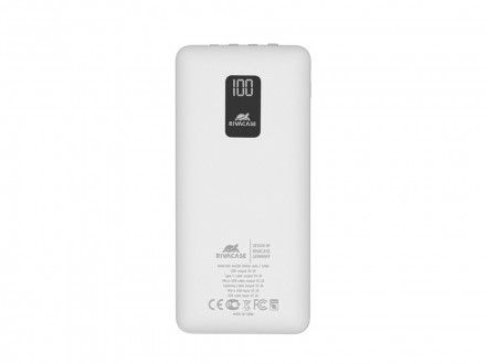 RIVACASE VA2210 (10000 мАч) внешний аккумулятор с дисплеем и встроенными кабелями, белый, 12/48