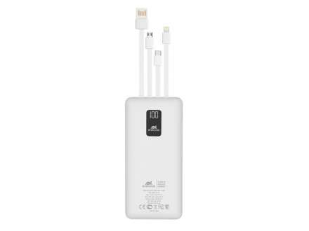 RIVACASE VA2210 (10000 мАч) внешний аккумулятор с дисплеем и встроенными кабелями, белый, 12/48