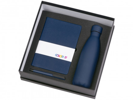 Подарочный набор c блокнотом C1, ручкой и термобутылкой, темно-синий