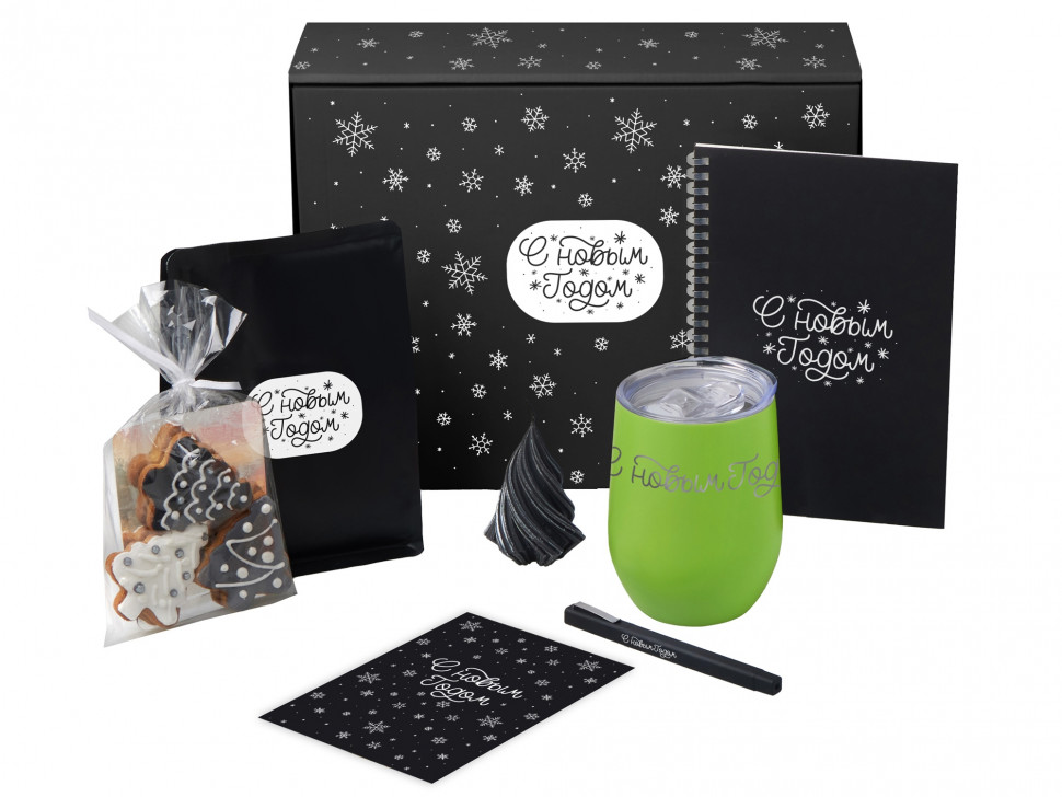 Подарочный набор c термокружкой, блокнотом, ручкой и свечкой, зеленое яблоко