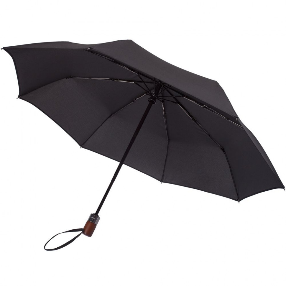 Складной зонт Wood Classic с прямой ручкой, черный