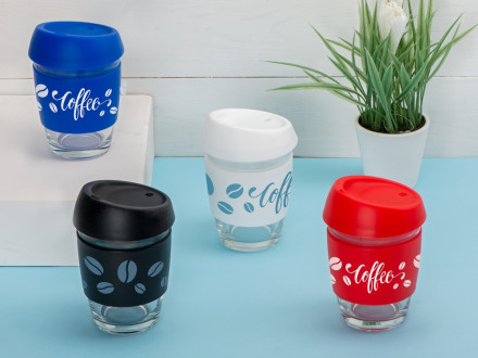 Стеклянный стакан Monday с силиконовой крышкой и манжетой, 350мл, синий