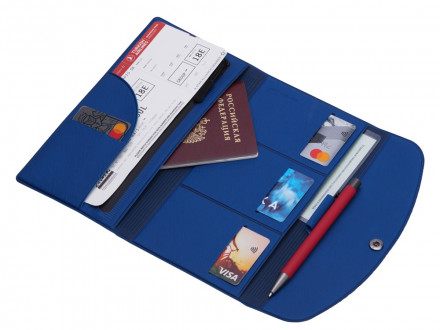 Органайзер для документов на кнопке с отделением для купюр и ручки, упаковка в индивидуальный пакет, синий/темно-синий