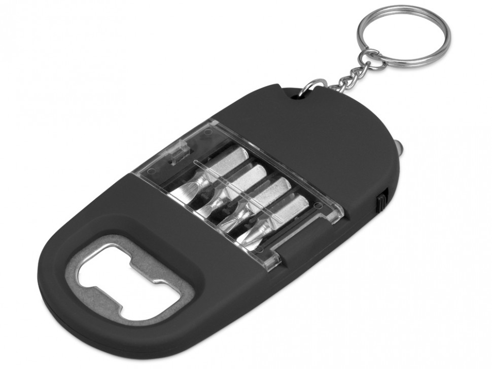 Брелок-открывалка с отвертками и фонариком Uni, софт-тач, черный (Р)