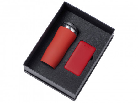 Подарочный набор c вакуумной термокружкой и повербанком С1, красный