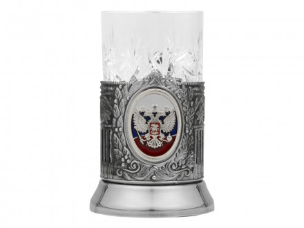Подстаканник с хрустальным стаканом и ложкой РОССИЙСКИЙ-М, серебристый/прозрачный