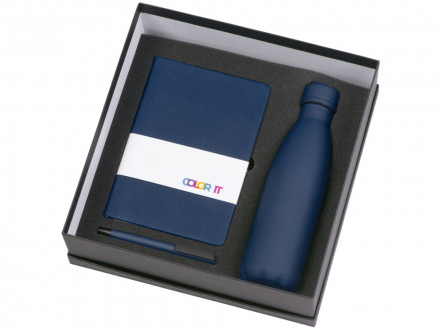 Подарочный набор c блокнотом C2, ручкой и термобутылкой, темно-синий