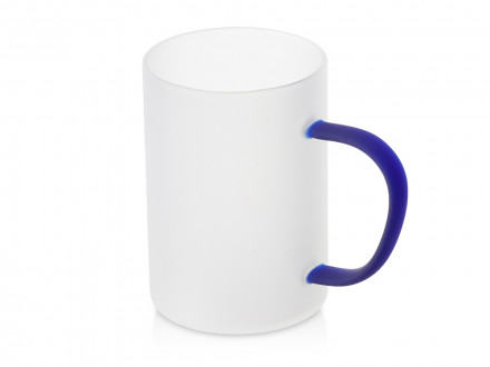 Стеклянная матовая кружка Акцент с цветной ручкой для сублимации, синий