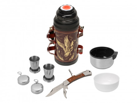 Термос в кожаном чехле, 1,2л, бордовая кожа