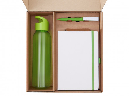 Подарочный набор с бутылкой для воды. блокнотом, ручкой и ланчбоксом, зеленое яблоко