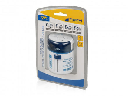 Адаптер с 2-умя USB-портами для зарядки Travel Blue Twist & Slide Adaptor голубой/белый