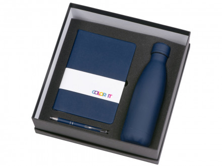 Подарочный набор с блокнотом С2, металлической ручкой и термобутылкой, темно-синий