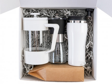 Подарочный набор с кофе, кружкой и френч-прессом Бодрое утро 2.0, белый