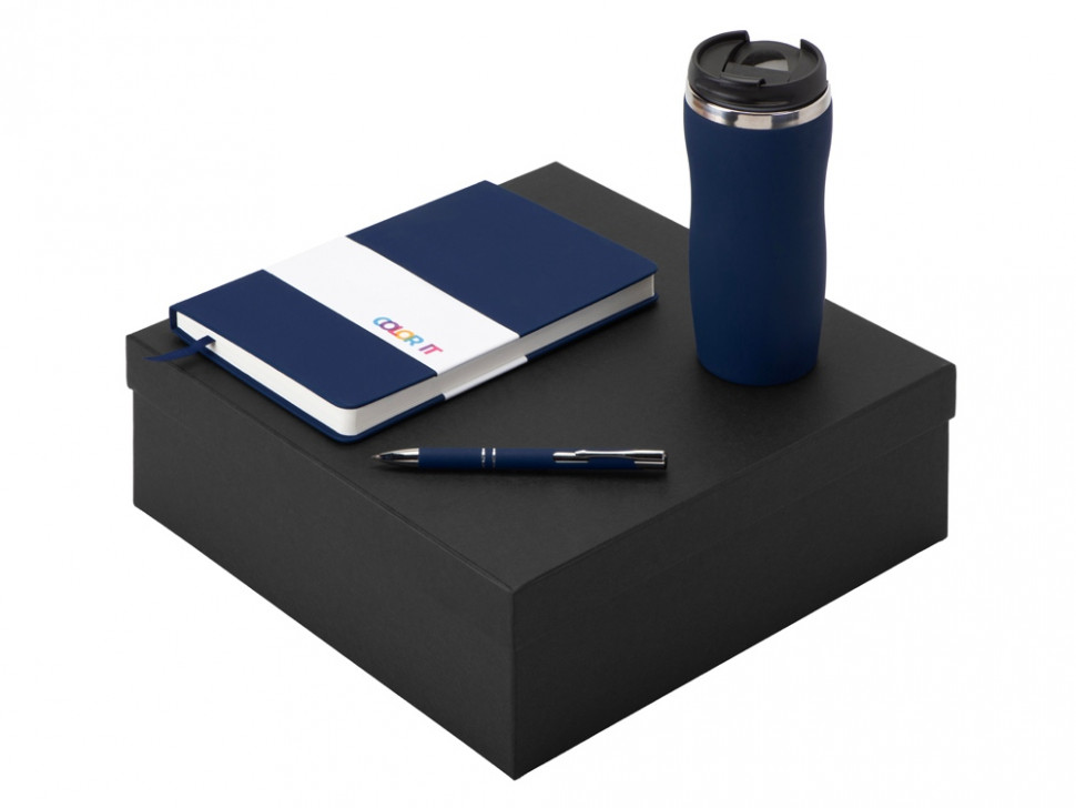 Подарочный набор с блокнотом С2, металлической ручкой и термокружкой, темно-синий