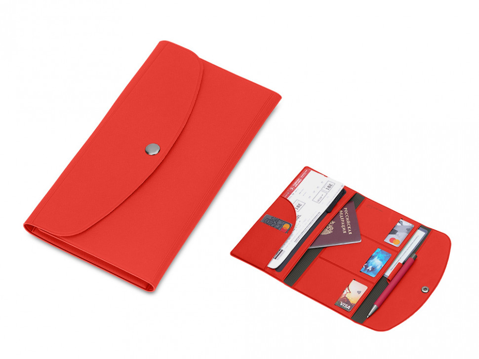 Органайзер для документов на кнопке с отделением для купюр и ручки, упаковка в индивидуальный пакет, красный/серый