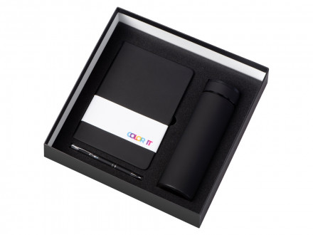 Подарочный набор с блокнотом С1, металлической ручкой и термосом, черный