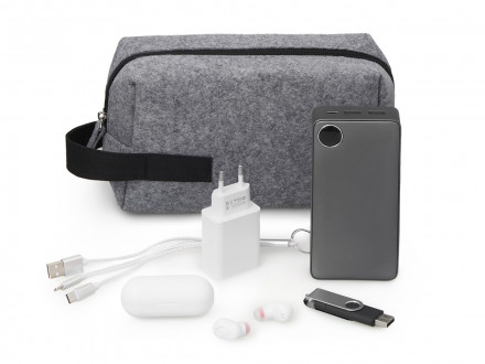 Органайзер для электроники и проводов Felt из RPET-фетра с ручкой, серый с черным