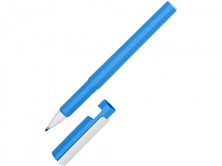 Ручка пластиковая шариковая трехгранная Nook с подставкой для телефона в колпачке, голубой/белый