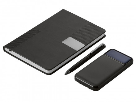 Подарочный набор Tesla с блокнотом А5, ручкой и пауэрбенком на 10 000 mAh, черный