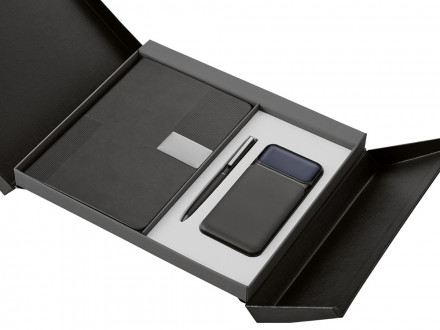 Подарочный набор Tesla с блокнотом А5, ручкой и пауэрбенком на 10 000 mAh, черный
