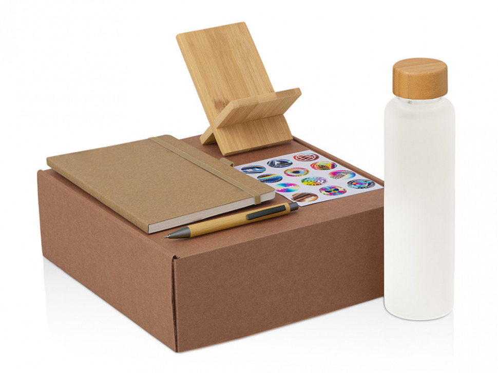 Подарочный набор с бутылкой для воды. блокнотом, ручкой и подставкой для телефона, бежевый