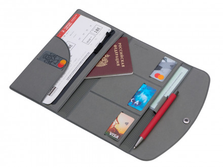 Органайзер для документов на кнопке с отделением для купюр и ручки, упаковка в индивидуальный пакет, серый