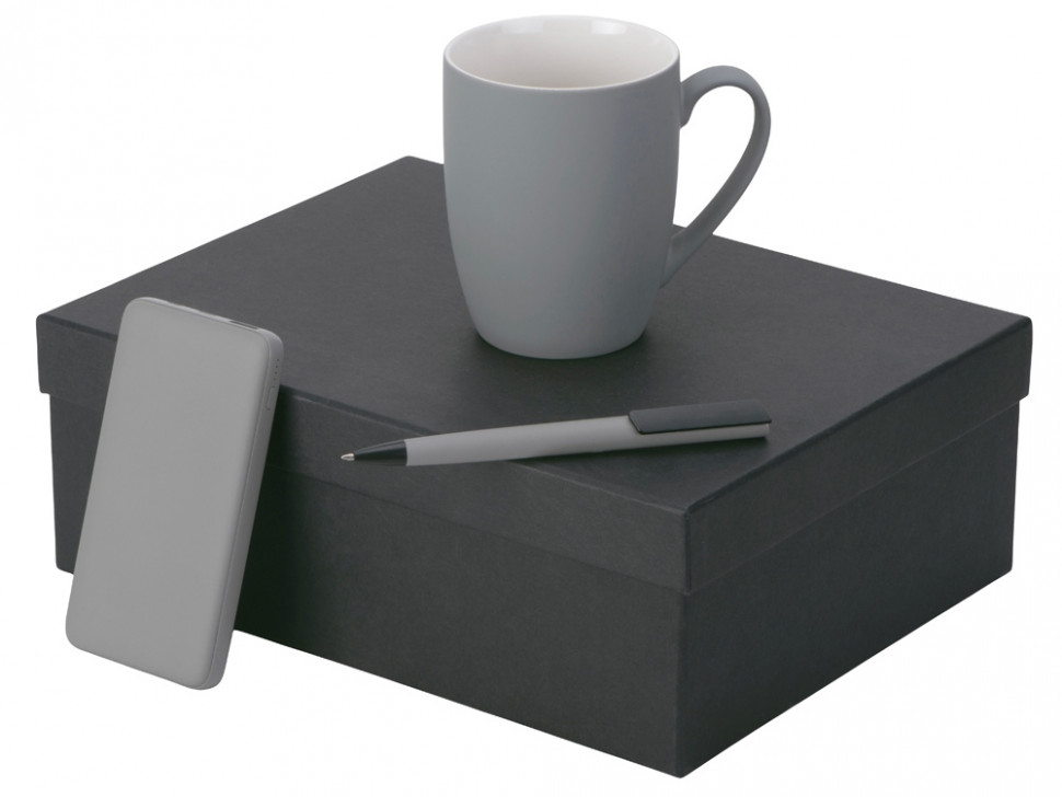 Подарочный набор c кружкой, пластиковой ручкой и повербанком С2, 10000 mAh, серый