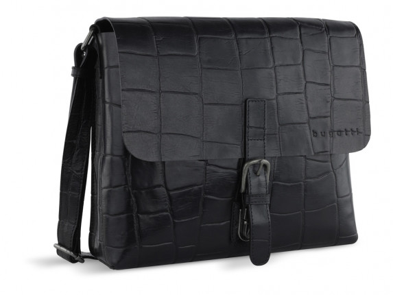 Сумка-мессенджер мужская BUGATTI Nevio, чёрная, воловья кожа/хлопок, 30,5х7х25 см, 5 л