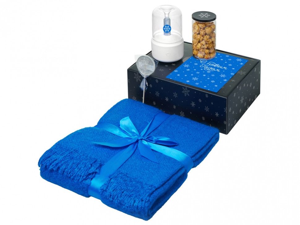 Подарочный набор с пледом, увлажнителем и попкорном, синий