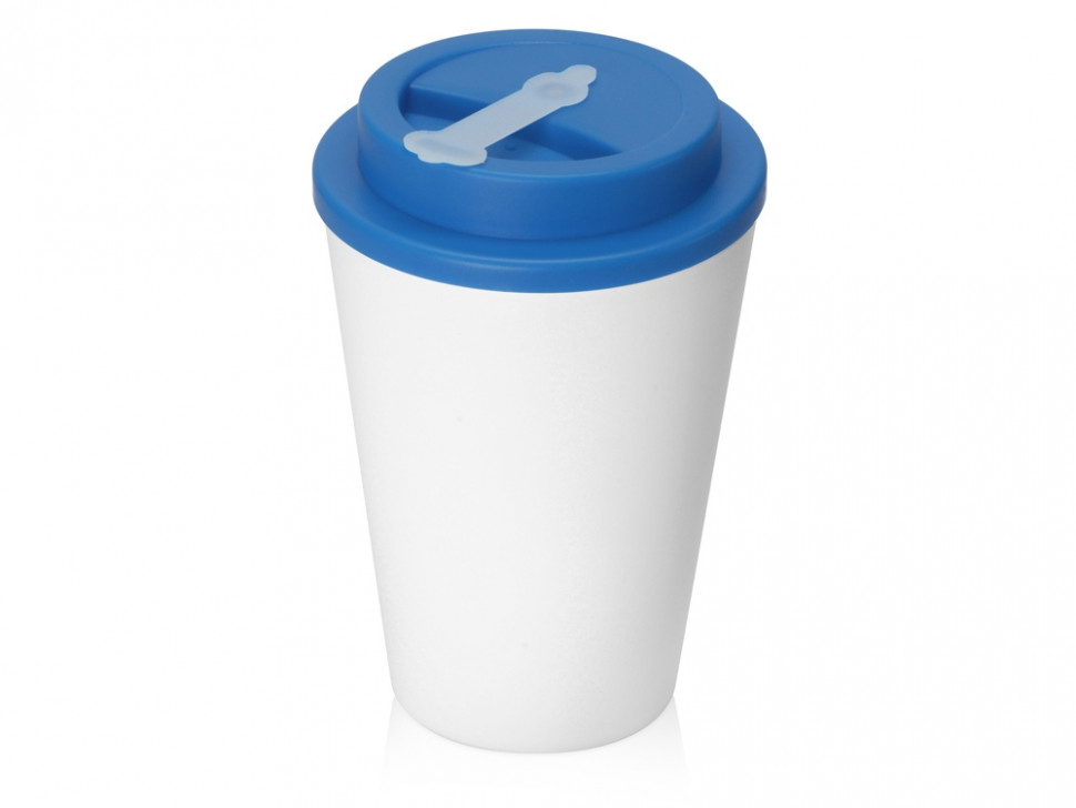 Пластиковый стакан Take away с двойными стенками и крышкой с силиконовым клапаном, 350 мл, белый/голубой