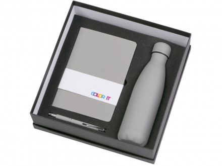 Подарочный набор с блокнотом С1, металлической ручкой и термобутылкой, серый