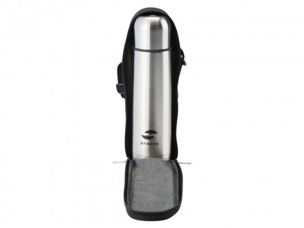 Термос Stinger с чехлом, 0,5 л, узкий, сталь/кожзаменитель, с чехлом, серебристый, 7 х 7 х 24,6 см