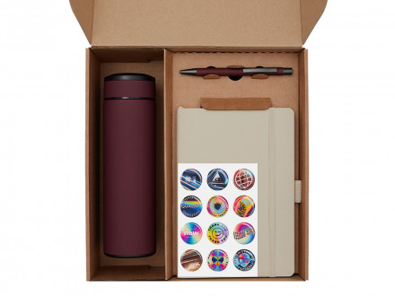 Подарочный набор с термосом, блокнотом, ручкой и чаем, бордовый