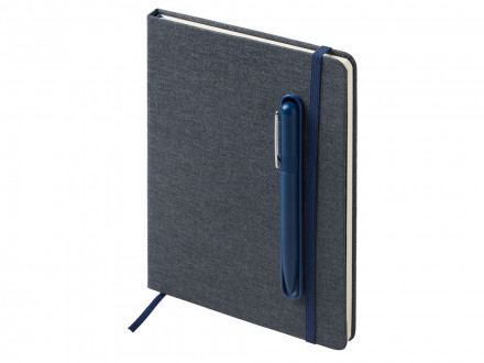 Набор блокнот А5 с магнитным держателем для ручки и подставкой для телефона и металлической шариковой ручкой NotaBene, темно-синий