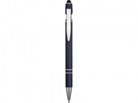 Ручка металлическая soft-touch шариковая со стилусом Sway, темно-синий/серебристый