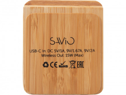 Беспроводное зарядное устройство 2-в-1 с подсветкой лого Reedia S4, 15 Вт, бамбук, черный