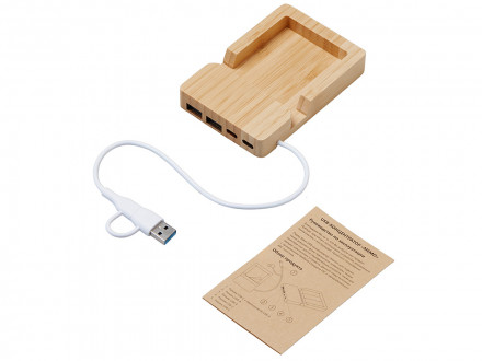 USB хаб Memo, 2*USB, 2*Type C, бамбук
