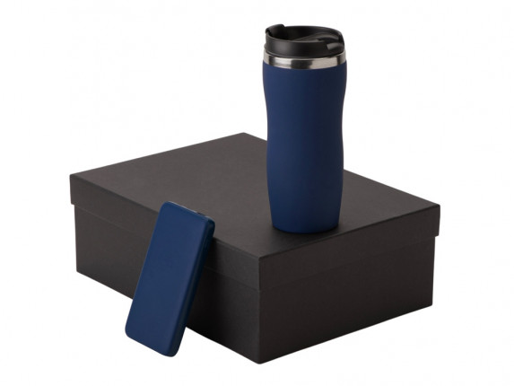 Подарочный набор c термокружкой С1 и повербанком С2, темно-синий