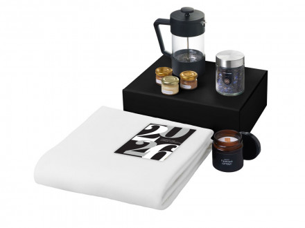 Подарочный набор c пледом, френчпрессом, чаем и медом, белый