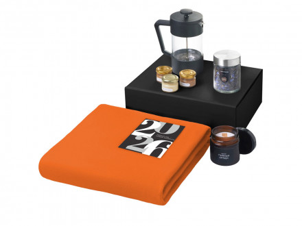 Подарочный набор c пледом, френчпрессом, чаем и медом, оранжевый