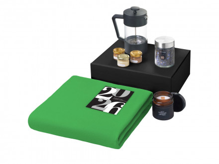 Подарочный набор c пледом, френчпрессом, чаем и медом, зеленый