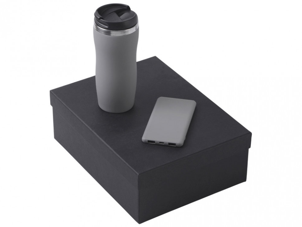 Подарочный набор c вакуумной термокружкой и повербанком С1, серый