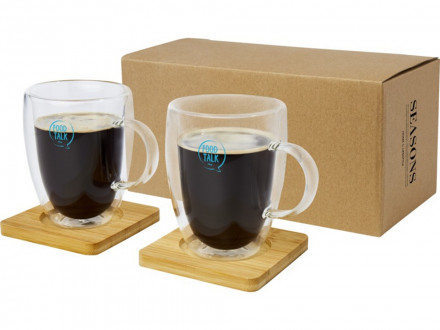 Стеклянный стакан Manti объемом 350 мл с двойными стенками и подставкой из бамбука, 2 шт. , natural