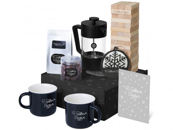 Подарочный набор c френчпрессом, кружками и чаем, черный