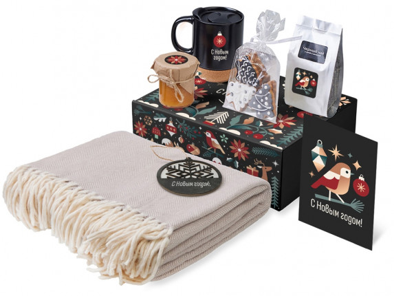 Подарочный набор c пледом, кружкой и вареньем, черный
