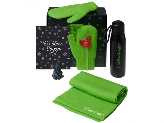Подарочный набор с варежками, шарфом и термосом, зеленое яблоко