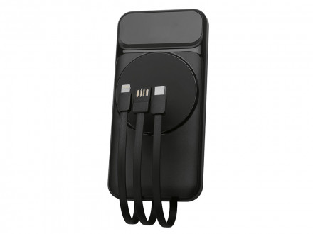 Магнитный беспроводной внешний аккумулятор со встроенными кабелями Мэни,быстаря зарядка, 10000 мАч, черный