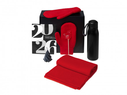 Подарочный набор с варежками, шарфом и термосом,красный