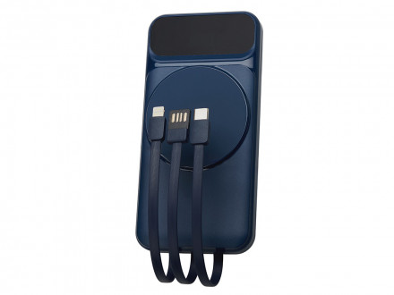 Магнитный беспроводной внешний аккумулятор со встроенными кабелями Мэни,быстаря зарядка, 10000 мАч, тёмно-синий