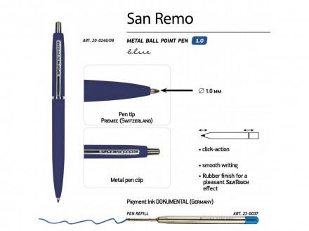 Ручка металлическая шариковая San Remo, 1,0мм, синие чернила, ярко-синий